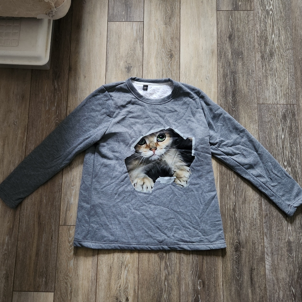Cat Graphic Fleece-Lined Sweatshirt